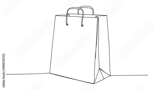 Continuous line drawing of a standing shopping bag with handles, perfect for retail promotions, product packaging themes, or graphic design projects requiring minimalist visual elements