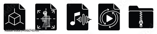 Versatile collection of digital file type icons including 3D data, body scan, audio, looping video, and compressed folder symbols for technology applications.