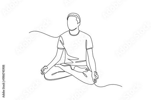 Peaceful Man Meditating In Lotus Position. Meditation Concept. Single line draw design . Vector graphic illustration