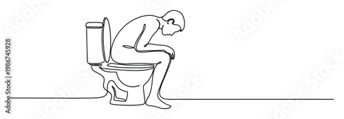 Man sitting on a toilet with a hunched posture indicating discomfort or illness, a striking continuous line drawing suitable for healthrelated publications and wellness presentations.