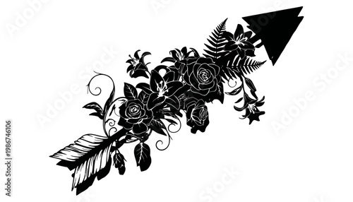 A black arrow illustration with floral design and feathers on white background