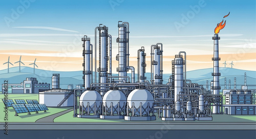 Industrial Complex with Towers and Storage Tanks Illustration.