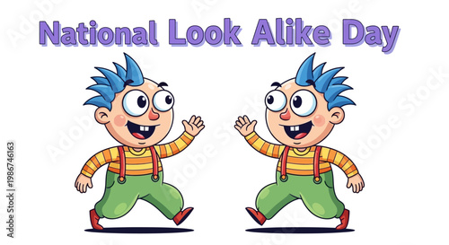 On National Look Alike Day, a cartoon illustration features two boys with similar appearances, styled with vector graphics and set against a clean white background, conveying an amusing