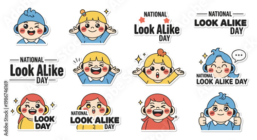A set of whimsical vector illustrations celebrates National Look Alike Day, featuring cartoon people with matching faces and various expressions, presented against a clean white background