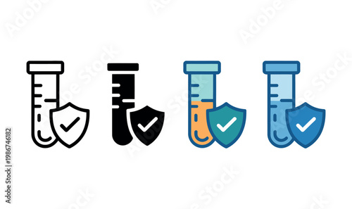 Laboratory safety flask icons collection featuring chemical research protection shield checkmark verified formula symbols for science security and lab design