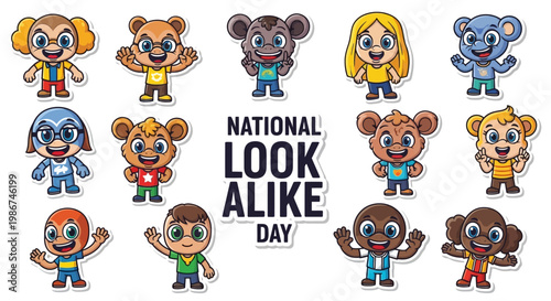 Cartoon animal characters showcase a funny look alike concept in a colorful vector graphic for National Look Alike Day, set against a white background with a playful and lighthearted