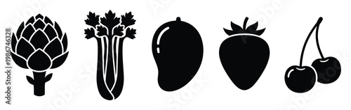 Collection of fresh organic produce icons including artichoke celery mango strawberry and cherries for healthy food and grocery applications