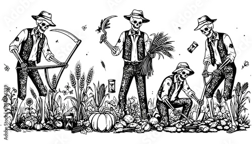 Skeleton farmers working in a field with various agricultural tools and crops