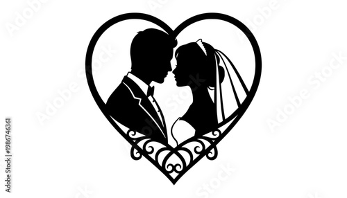 A heart shaped silhouette of a loving couple on their wedding day