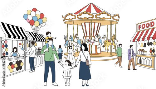 A colorful illustration of a family enjoying an amusement park with a carousel