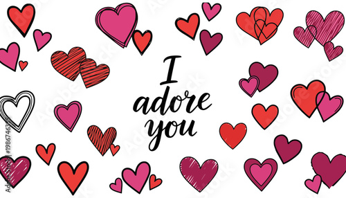 Heart illustration with I adore you message on white background