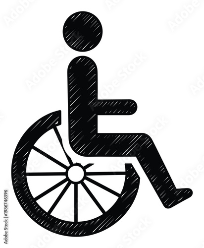 Universal accessibility symbol depicting a person in a wheelchair rendered with a distinct sketchy, handdrawn style, ideal for public signage and informational graphics