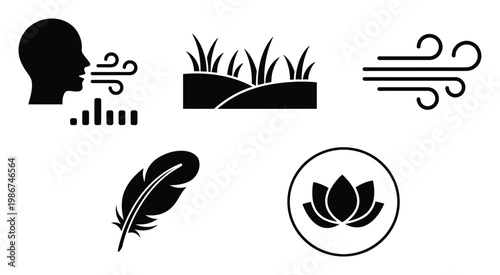 Vector glyph icons human breath, flowing wind, lush grass, soft feather, and serene lotus flower for health, nature, and environmental product packaging and digital media.