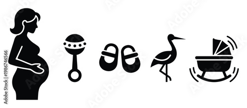 Pregnancy and baby related symbols including a pregnant woman rattle shoes stork and bassinet perfect for maternity announcements and infant care promotions