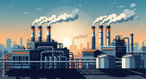 Industrial Plant Pollution - A Detailed Vector Illustration of Environmental Impact.