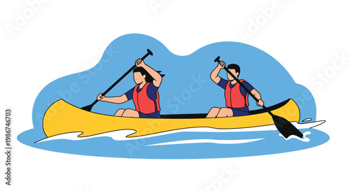 Man and woman wearing life jackets paddling together in yellow canoe on blue water waves under a clear and sunny sky.