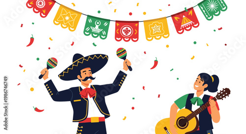 Mexican mariachi musician and woman playing guitar celebrating with festive banners confetti and colorful chili peppers.