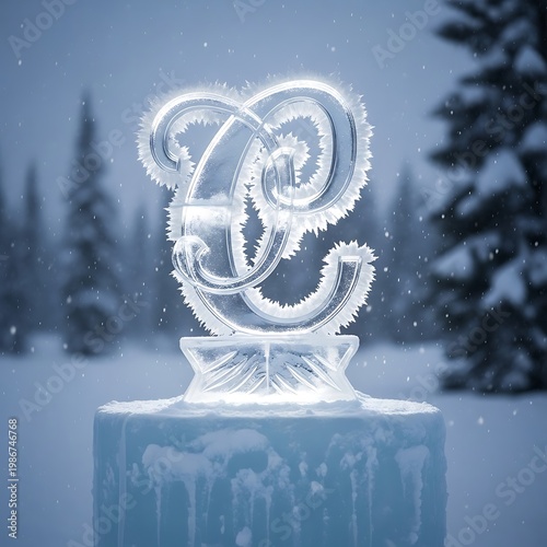 Ice sculpture on snowy winter background.