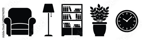 Black silhouette icons of home furniture and decor armchair, floor lamp, bookshelf, potted plant, wall clock, perfect for interior design, room layout, and graphic applications.