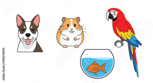 Collection of various common household pets including a dog hamster colorful parrot and a goldfish in a small glass bowl.