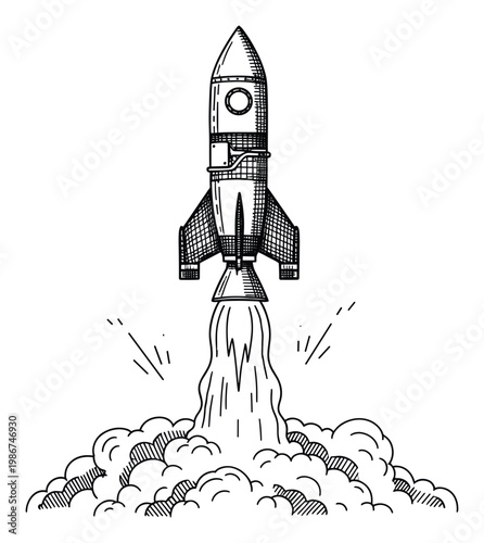 Bold line drawing rocket launching vertically with fiery exhaust and smoke plumes suitable for illustrating progress innovation startup success and aerospace industry concepts