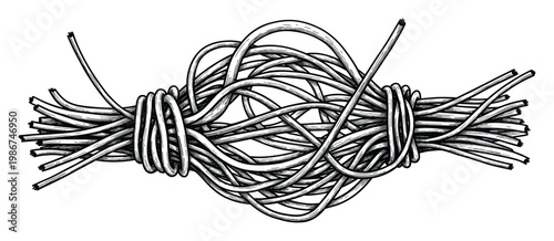 Entangled network of electrical wires depicting a complex connection or problem suitable for technology, communication, and engineering concepts