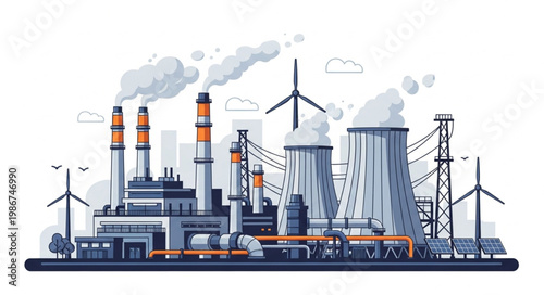 Industrial landscape featuring power plant, windmills, and cooling towers.