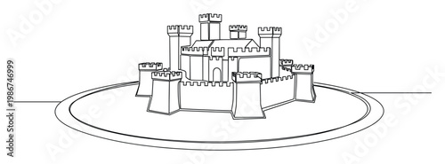 Continuous single line drawing depicting a majestic medieval castle fortress with numerous towers and protective walls surrounded by a circular path, suitable for historical projects and