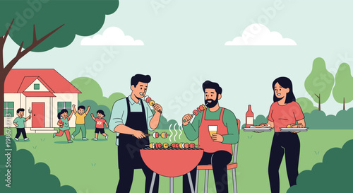 Happy neighbors and friends enjoying a backyard barbecue party with grilled food and small children playing outdoors.