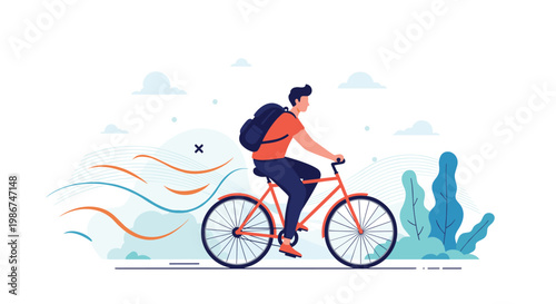 Young man with a backpack riding his bicycle quickly through a park with stylized colorful wind trails behind him.