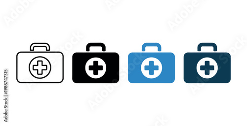 Medical first aid kit icons set emergency medical bag healthcare pharmacy assistance symbols vector illustration for safety and hospital design