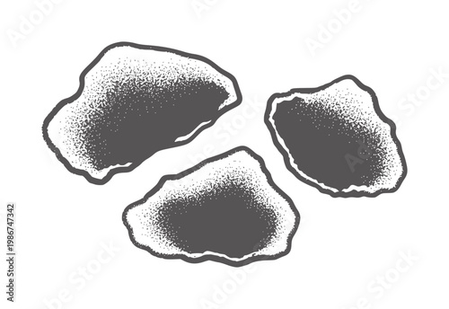 Three dark gray amorphous shapes with stippled texture and outline
