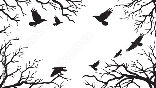 A moody and atmospheric collection of black vector silhouettes featuring a flock of birds in flight among tangled, leafless tree branches.