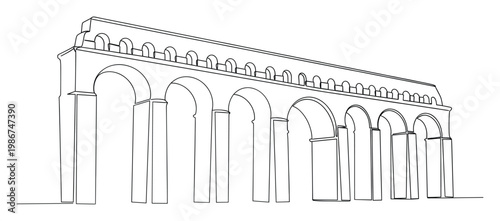 Single continuous line sketch of a grand arched bridge or aqueduct, depicting structural integrity and harmonious architectural rhythm for historical or construction related projects.