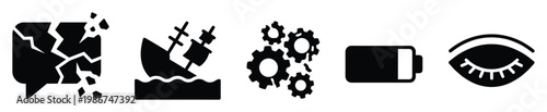 Versatile vector icons depicting shattered communication, business collapse, industrial processes, low battery, and closed eyes, suitable for infographics, user interfaces, and conceptual
