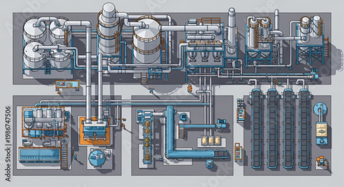 Overhead View of Industrial Plant Layout with Complex Piping Systems.