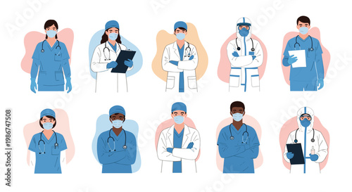 Diverse team of medical professionals including doctors and nurses wearing blue scrubs masks and protective gear.