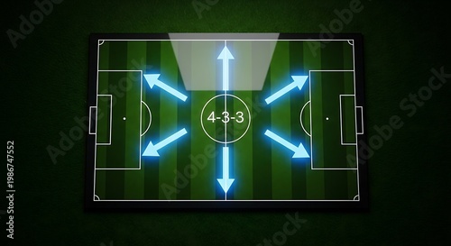 Soccer field diagram, tactical formation, 4-3-3 strategy, football tactics board