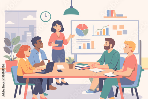 Business meeting illustration with team around table, laptops, notebooks, whiteboard charts, pie and bar graphs, cityscape window, clock on wall, teamwork, planning, and professional collaboration con