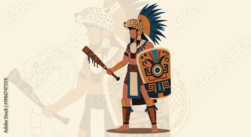 Ancient Aztec or Mayan warrior holding a wooden club and shield wearing a traditional jaguar headdress and regalia.