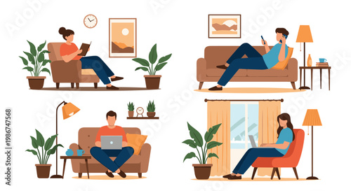 Various people enjoying leisure activities at home including reading a book working on laptop and talking on phone.