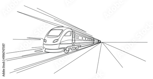 Continuous line drawing of a high speed passenger train illustrating modern transportation and rapid movement perfect for technology concepts or graphic design projects