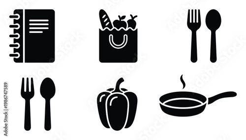 Essential cooking food and kitchen related black silhouette icons representing culinary activities grocery shopping and meal preparation for various digital and print media applications