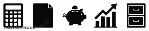 Essential finance and business management icons depicting calculator document savings piggy bank financial growth chart and secure filing for diverse corporate and economic applications.