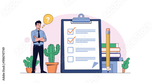 Pensive man standing beside a large clipboard checklist with a yellow question mark symbol above his head.