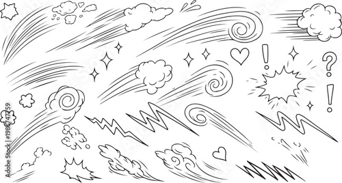 A collection of hand-drawn vector silhouettes representing fast motion, wind blasts, and comic-style energy. These expressive black outlines on a white background.
