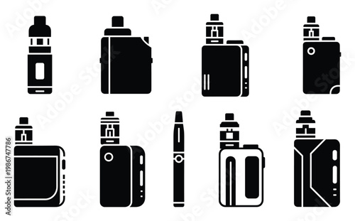 Collection of black silhouette vape devices for vaping, electronic cigarette, and nicotine substitute product marketing and educational materials for health campaigns