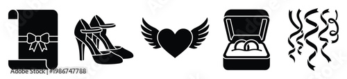 Wedding celebration symbols including invitation scroll, high heel shoes, winged heart, ring box with rings, and falling streamers perfect for event planning and romantic occasion graphics