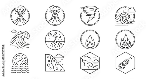 Natural Disaster Icons - Volcano, Tsunami, Tornado, Wildfire, Earthquake, Landslide, Meteor.