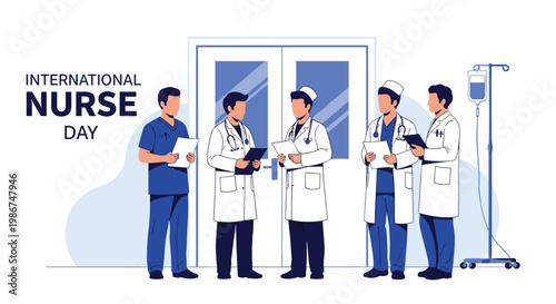 Team of medical nurses and doctors standing together in a white hospital corridor for International Nurse Day.